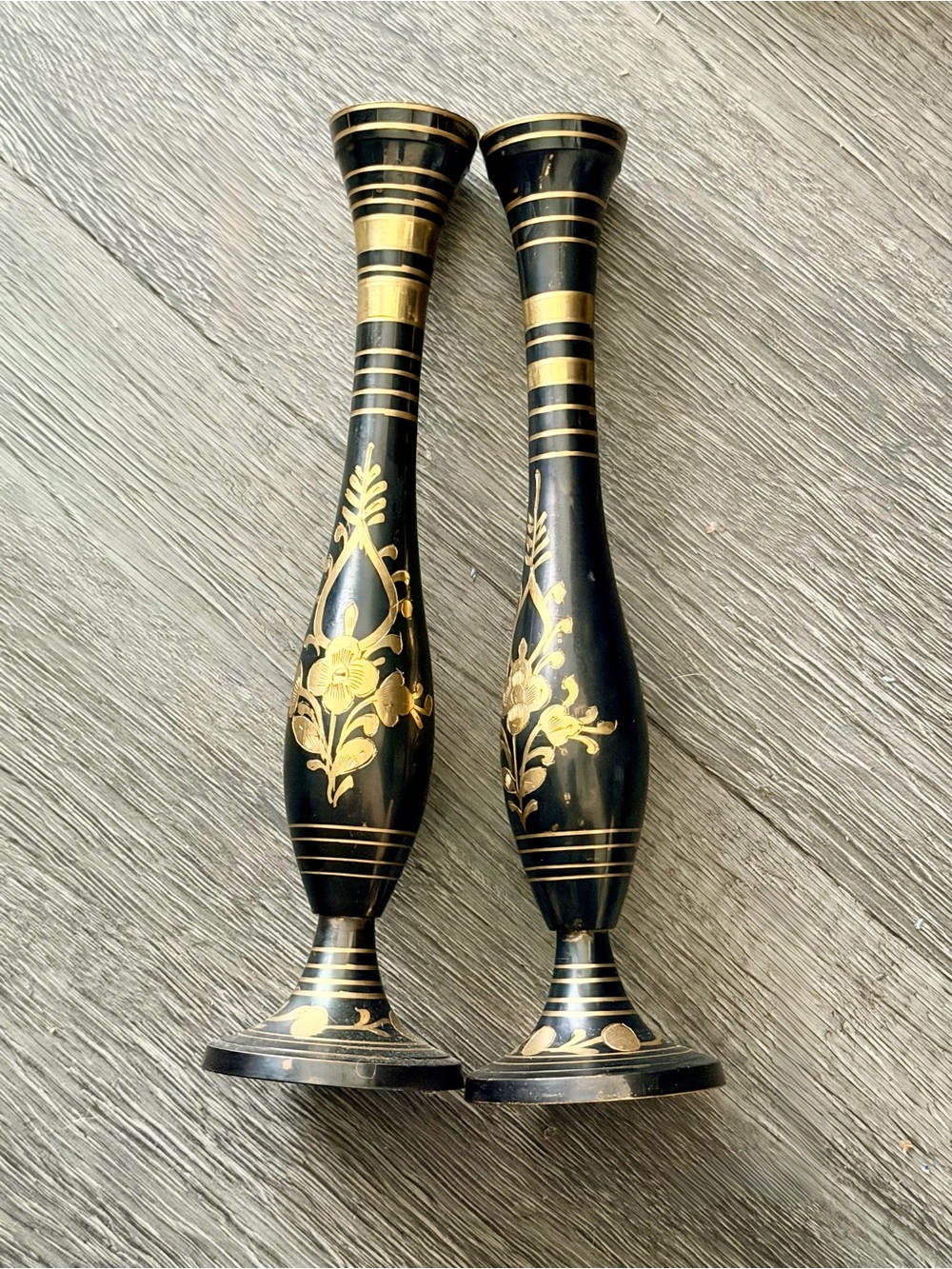 Black and Gold Floral Metal Candle Holders - Set of 2